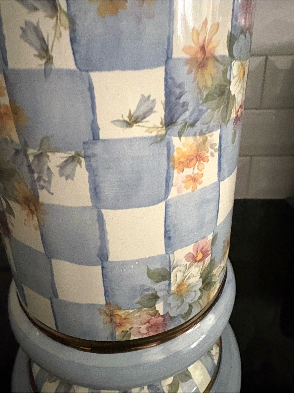 Mackenzie Childs Honeymoon Blue & White Floral Check Ceramic Jar with Gold Trim - Picture 7 of 8